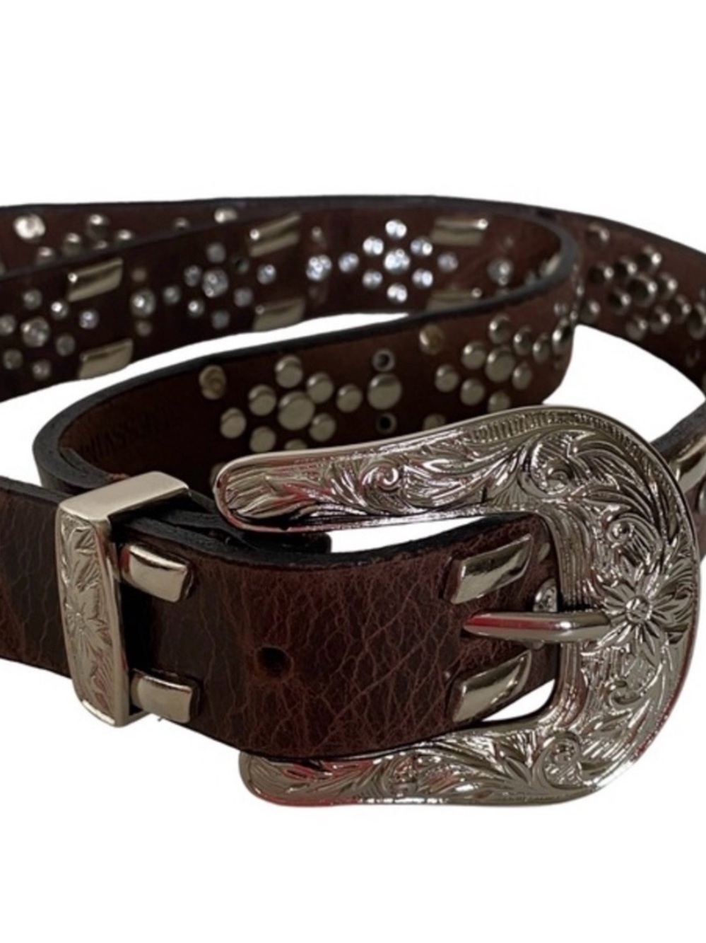 Guess Brown Leather Western Silver Buckle Studded Rhinestone Cowgirl Belt XL